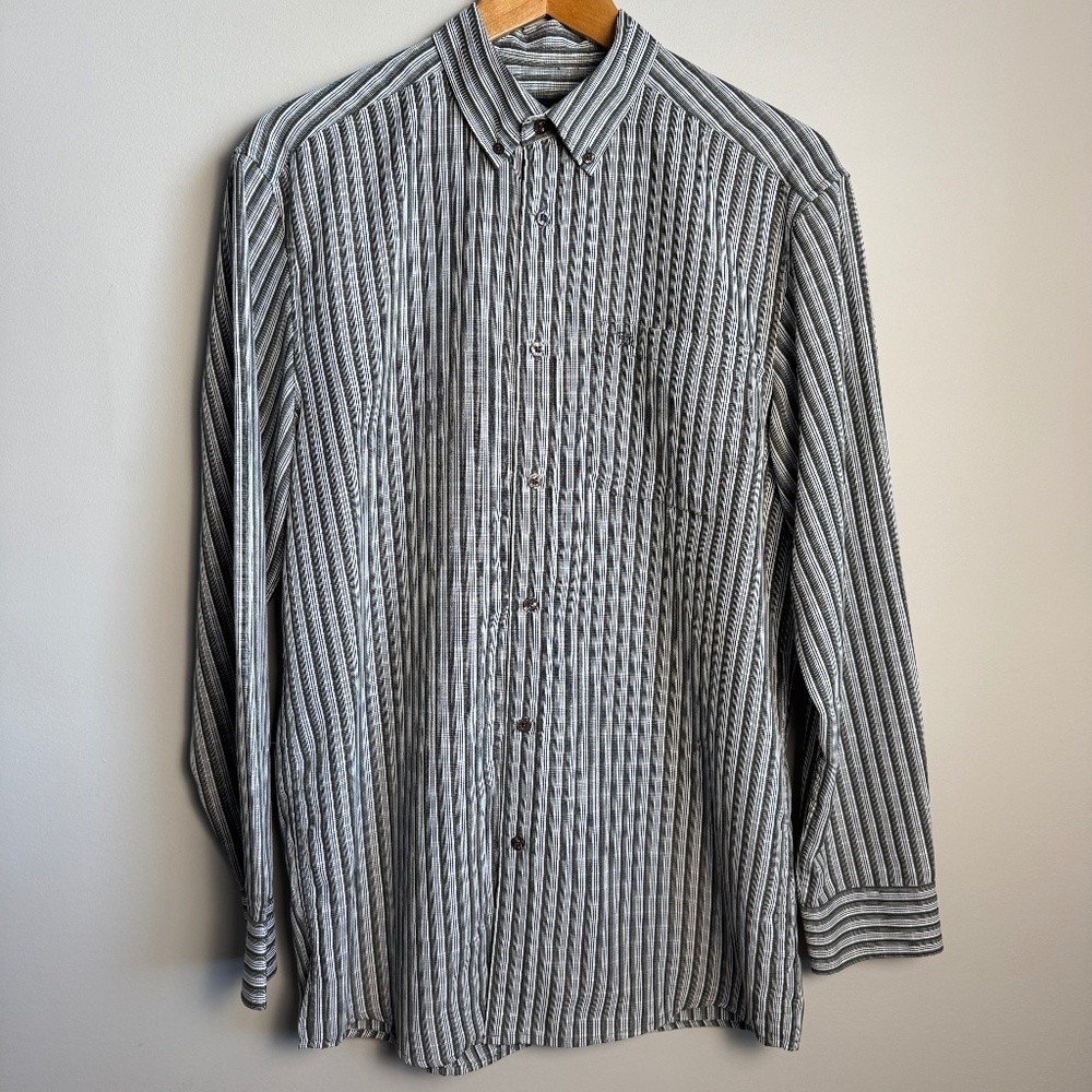 Arnold Palmer Men's M Long Sleeve Button Up Casual Dress Shirt Striped Gray Golf